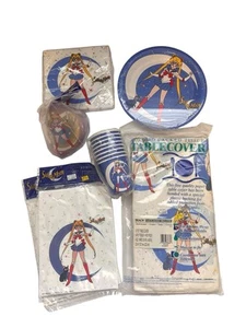Vtg Sailor Moon Party Supplies Plates Hat Tablecloth Napkins Gift Bag Cups Lot - Picture 1 of 2