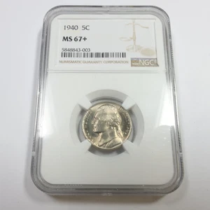 1940 P NGC MS67 + Plus - Jefferson Nickel 5c US Coin #57476A - Picture 1 of 3