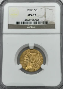 1912 $5 Gold Indian Head Coin, NGC MS-62, Pre-1933 Graded, Original Look. - Picture 1 of 4