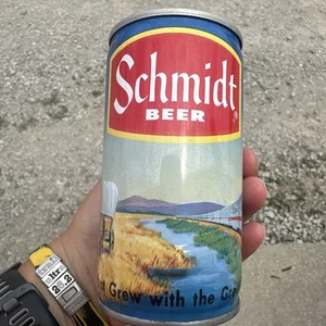 Schmidt Bierdose, Stahl Pop Tab Top, 12 oz, Planwagen und Zugbild - Bild 1 von 7