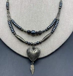 Layered Hematite Beaded Necklace Heart Pendant Tarnished Silver Tone Vintage - Picture 1 of 7
