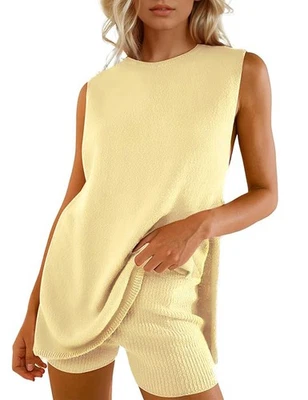 Conjunto de suéter feminino verão túnica sem mangas top e shorts 2 peças roupas Be... - Imagem 1 de 4