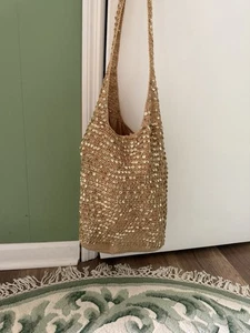 Sequin Crochet Hobo Shoulder Bag Gold Boho Festival Beach Tote Unbranded - Picture 1 of 6