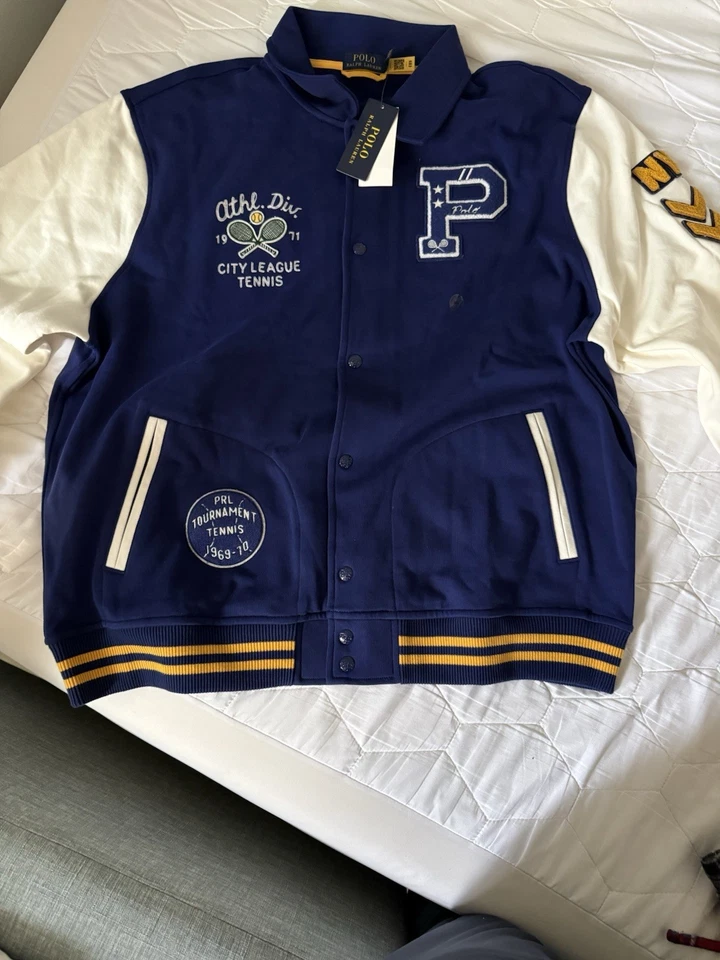 Polo Ralph Lauren Fleece Letterman 网球校服夹克秋季 Royal Multi XXL — 第 1/3 张图片
