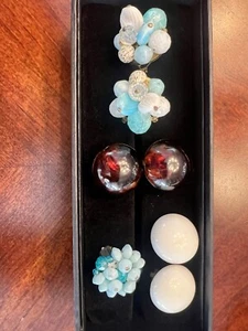 Vintage Mid Century Mod Tortoise Lucite Button Clip Earrings West Germany blue - Picture 1 of 8