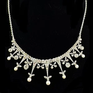ANTIQUE 8.01CTW VS2 I-J OLD EURO DIAMOND & PEARL NECKLACE - 14K WG - 15" - 1880S - Picture 1 of 12