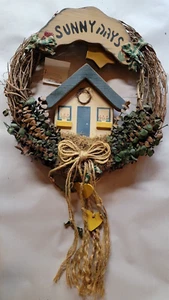 20'' Sunny Days Wreath-VTG - Adorned w/Wood Country Home and Twine Bow -W3 - Picture 1 of 5