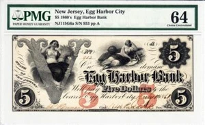 1861 $5 New Jersey Egg Harbor Bank PMG 64 Choice Uncirculated- WOW GORGEOUS! - Picture 1 of 10