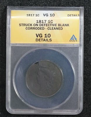 1817 Coronet Large Cent Struck on Defective Blank Mint Error ANACS VG10 42OS - Image 1 of 4