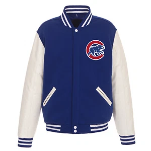 MLB Chicago Cubs Reversible Fleece Jacket PVC Sleeves 2 Front Patch Logos JHD - Picture 1 of 6
