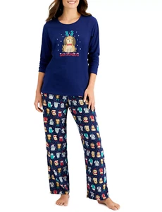 FAMILY PAJAMAS Women's 2-Piece Bah Humbug Dogs Pajama Set sz XL X-Large Blue - Picture 1 of 3