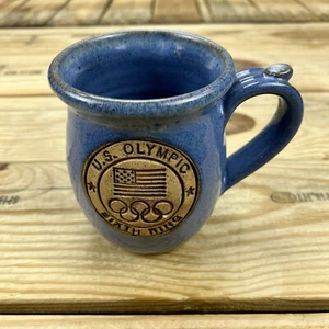 US OLYMPIC Mug Pottery Large Blue Speckled Sixth Ring Flag Signed Souvenir - Picture 1 of 6