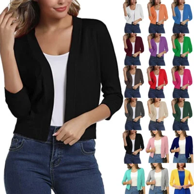 UK Ladies Womens Casual Coat Cardigan Open Long Sleeve Jumper Knitted Short Tops - Image 1 of 4