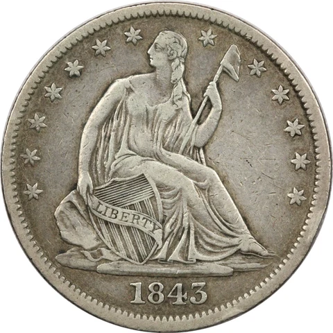 1843-O Seated Liberty Half Dollar 50C, Very Fine VF+, Reverse Scratched Cover