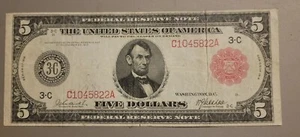 1914 U.S. $5 Federal Reserve Note - RED SEAL - FR-834B - Solid VF - Picture 1 of 10