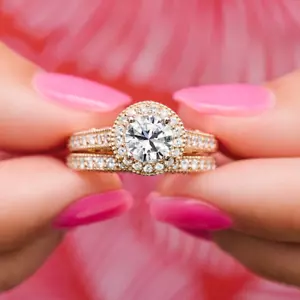 2.10 TCW Round Cut Moissanite Halo Bridal Engagement Ring 14k Yellow Gold Plated - Picture 1 of 9