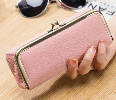 Genuine Leather Kiss Lock Eyeglasses Case Long Wallet Pencil Holder Storage Bag - Image 1 of 4