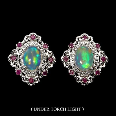925 Sterling Silver Earrings Oval Opal Ruby Topaz Natural Gemstone Jewelry - Image 1 of 4