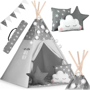 Tipi Zelt Spielzelt Baumwolle Kinderzelt mit Kissen Matte Lichterkette Nukido - Bild 1 von 12