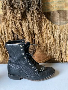 Justin L0522 Women's Kiltie Lace Up Ropers Boots Size 6.5B Pebbled Black Leather - Picture 1 of 11