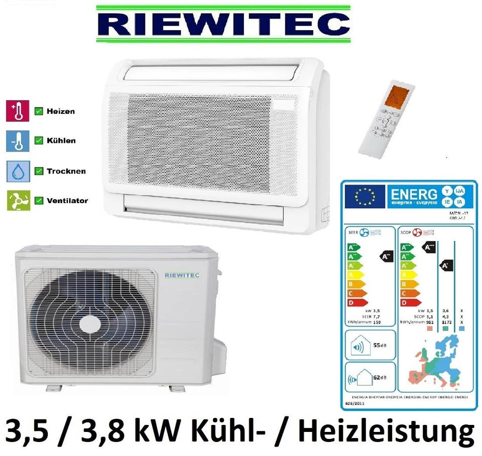 Split Klimaanlage 3,5 / 3,8 KW, A++/A+ Truhengerät zur bodentiefen Wandmontage - Bild 1 von 4