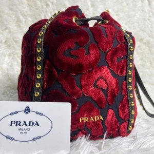 PRADA Handbag Accessory Pouch Drawstring Velour Leather Red USED Auth #S1834 - Picture 1 of 19