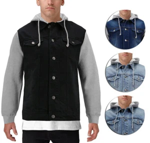 Men's Two Tone Jean And Grey Jersey with Removable Hood Denim Trucker Jacket - Picture 1 of 18