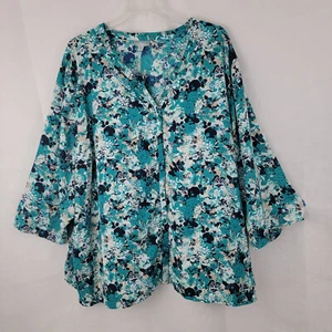Catherines Damen Übergröße 6X Breezeway Georgette Bluse türkis Blumenmuster Knopfleiste - Bild 1 von 13