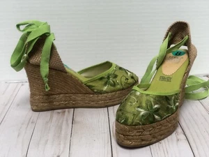 Elena Solano Bright Green Floral Espradrille Wedge Heels Sz US 8 ~ NEW (unworn) - Picture 1 of 12