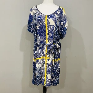 ZARA Blue Floral Dolman Short Sleeve Shirt Belted Dress Size L Viscose - Picture 1 of 7