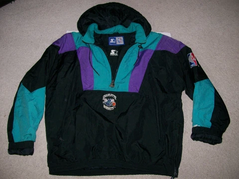 RARE OG Vintage 90s XL Black Charlotte Hornets NBA Starter Pullover Jacket Zip Cover