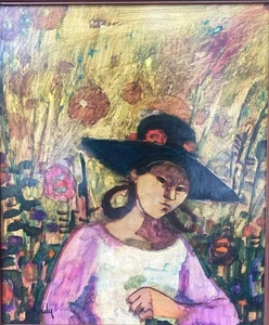 Orig Donald Roy Purdy 20x24 Oil on Board Painting Portrait Woman In Poppy Field - Picture 1 of 9