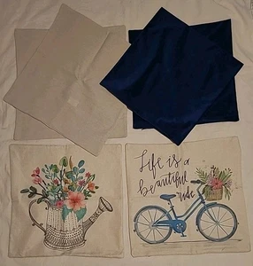 6 quadratische Couch Kissenbezüge 2 Samt dunkelblau 16" 2 Druck beige 17" 2 Pl hellbraun 18" - Bild 1 von 9