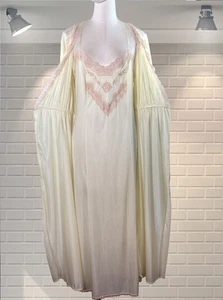 ATEMBERAUBENDES cremefarbenes seidiges Vintage NYLON Nachthemd & Morgenmantel Set XL - Bild 1 von 10