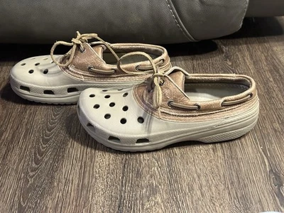 Crocs Islander Pit Crew Men's 9 Women 11 Lace Up Boat Shoe Clogs Brown Leather - Image 1 of 4