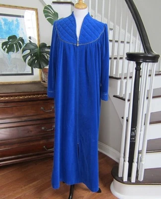 Bata de terciopelo polar azul Vanity Fair con ribete dorado cremallera completa talla M Foto 1 de 4