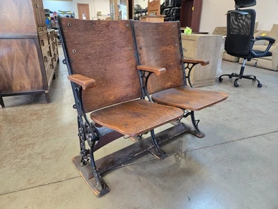 Antique Cast Iron & Wood Theater Chairs - Image 1 of 4