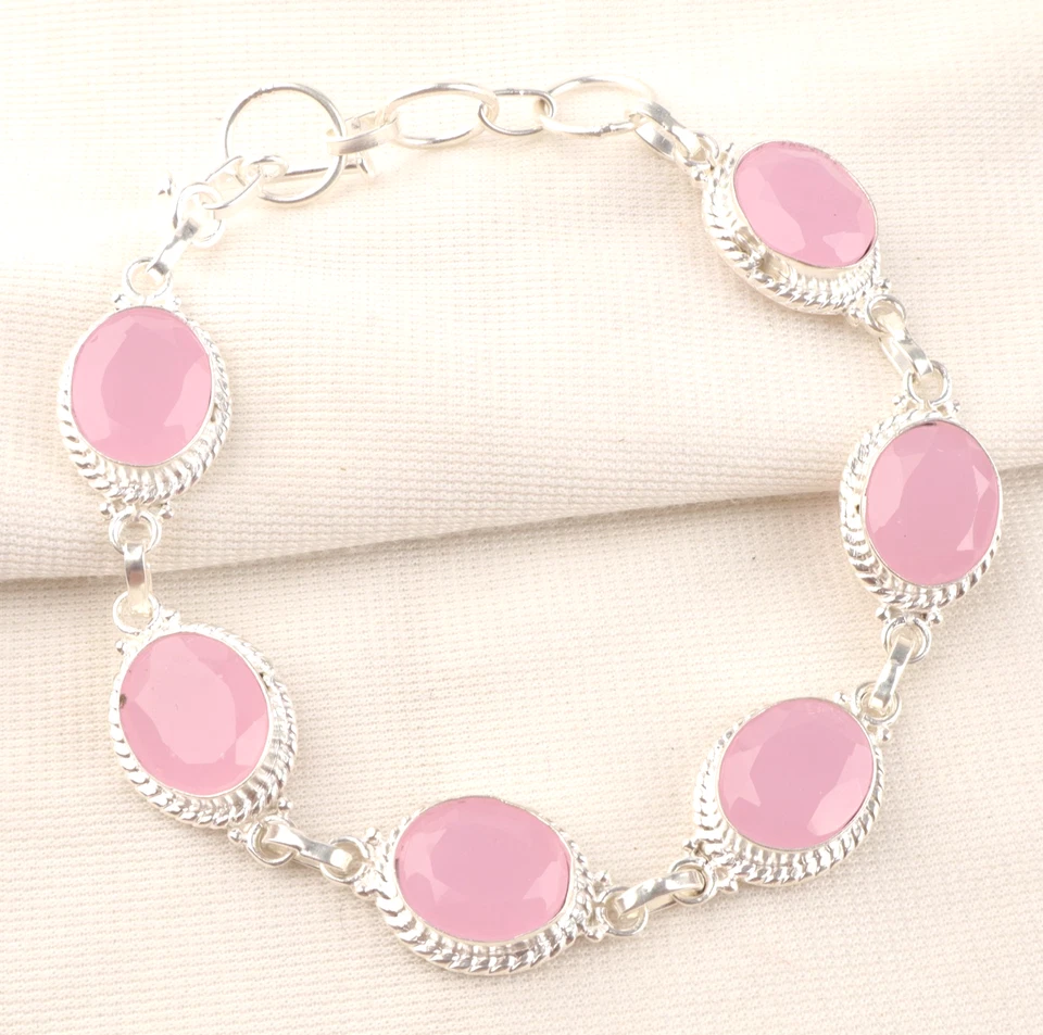 Brazalete Joyería Hecho a Mano Plata de Ley 925 Piedras Preciosas Calcedonia Rosa 8" Foto 1 de 4