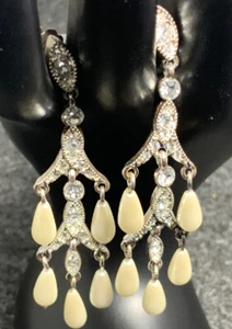 Elegante Perlmutt und Strass Tropfen 2 1/2" Ohrringe Vintage - Neu 2001 - Bild 1 von 5