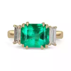 3.21tcw Natural Vivid Green Emerald & Baguette Diamond Three Stone Ring 18K - Picture 1 of 8