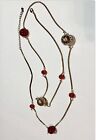 Eye-catching Long Gold Tone And Red Rhinestone Necklace 41 In.