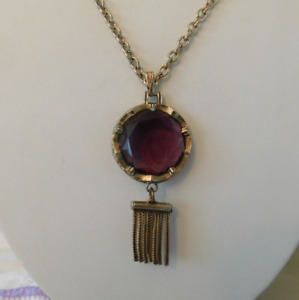 Vintage Purple Amethyst Faceted Glass Tassel Pendant Necklace Antique Gold