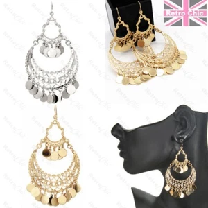 SILVER/GOLD PLATED BIG 9cm long CHANDELIER gypsy discs EARRINGS retro filigree - Picture 1 of 6