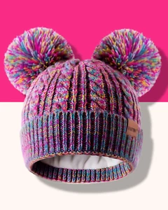 Winter Hat for Kids Girls Beanie Double Pom Pom Fleece Lined Knit Cap - Picture 1 of 5