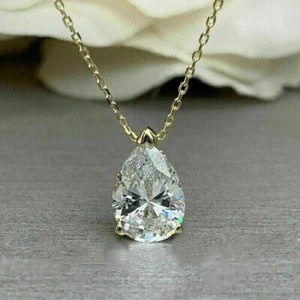 Collana Ciondolo Solitario Diamante Simulato Taglio Pera 2Ct Placcato Oro Giallo 14k - Foto 1 di 10