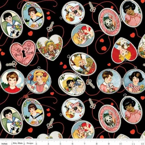 RETRO VINTAGE VALENTINES LOCKETS BLACK ALL MY HEART FRISCH RILEY BLAKE FABRIC HY - Foto 1 di 1