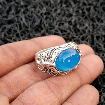 Anillo Calcedonia Azul Plata de Ley 925 Hecho a Mano Aniversario Anillo Para Hombre B122 Foto 1 de 4