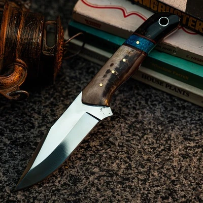 Готовый к подарку нож из дамасской стали 8,4 дюйма с накладным монтажом для охоты + кожаные ножны - Изображение 1 из 4