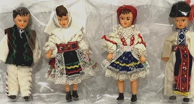 Set of 4 Mini Czechoslovakian Traditional Costume Vintage Dolls 2 Boys 2 Girls - image 1 of 4