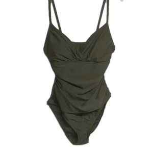 Ellen Tracy Swimsuit Women 12 Olive Green Ribbed One Piece Ruched Side Beach - Picture 1 of 10